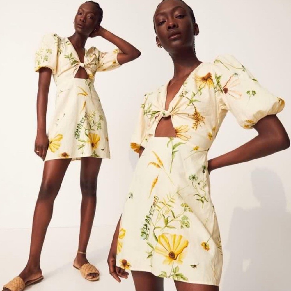H&M Floral Puff Sleeve Linen Blend Dress